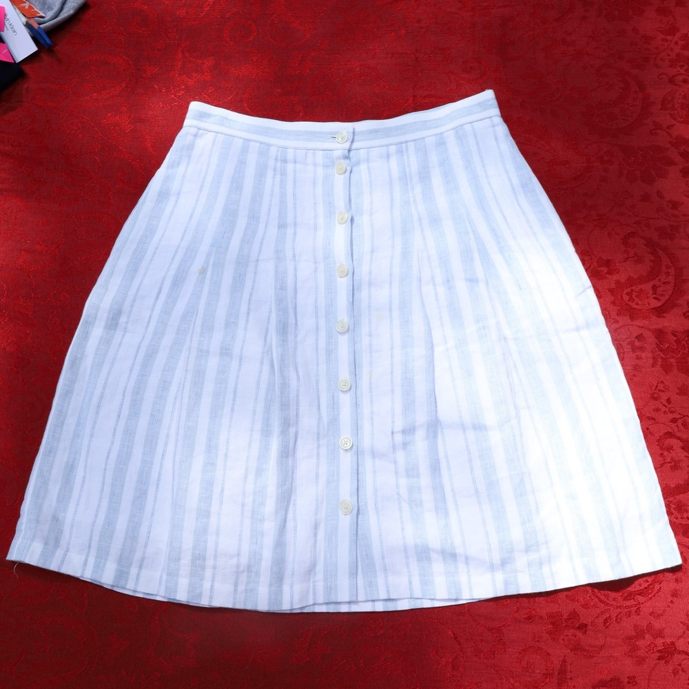 Brooks Brothers Striped Linen Midi Skirt Womens 10 Blue White Button Front Good